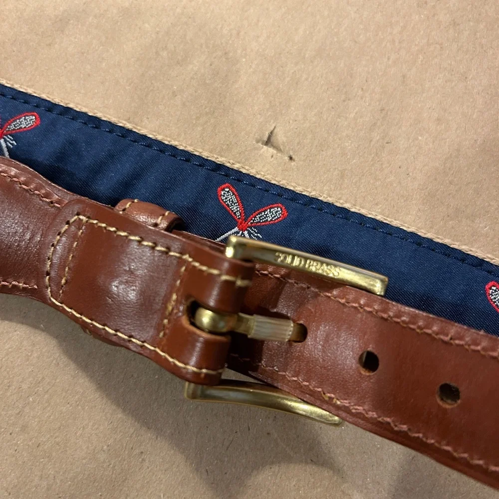Country Club Prep Canvas Brown Leather Belt with Navy Lacrosse 36
